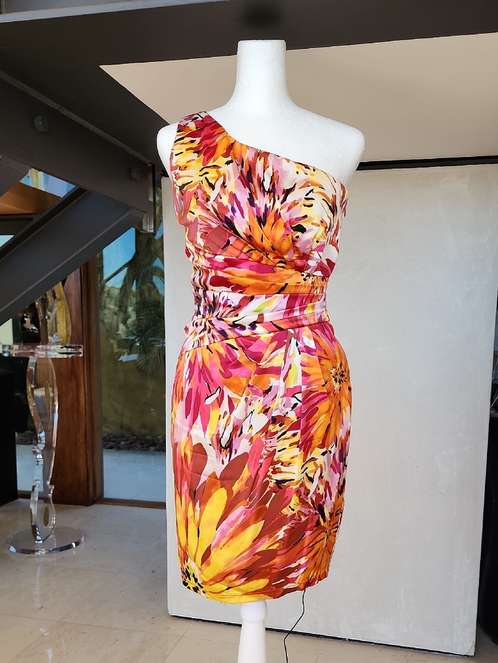 David Meister Pink Fuchsia Floral One Shoulder Dress (Size 2)